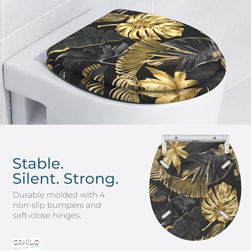 Sanilo Wooden Toilet Seat with Quick Release & Soft Close [ROUND] - Decorative & Slow Close Molded Wood Seat - With One Click for Easy Installation & Cleaning - With Adjustable Fit (Golden Leaves)