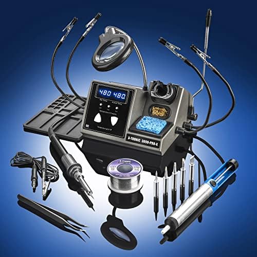 X-Tronic 3090-PRO-X – 75 W Soldering Iron Station – 5 Extra Tips, 2 LED Displays, Sleep Func, C/F, 3 Temp Presets, Mini Mag Lamp, 4 Helping Hands, Solder Sucker, Tweezers, Solder, Brass & Wet Sponges