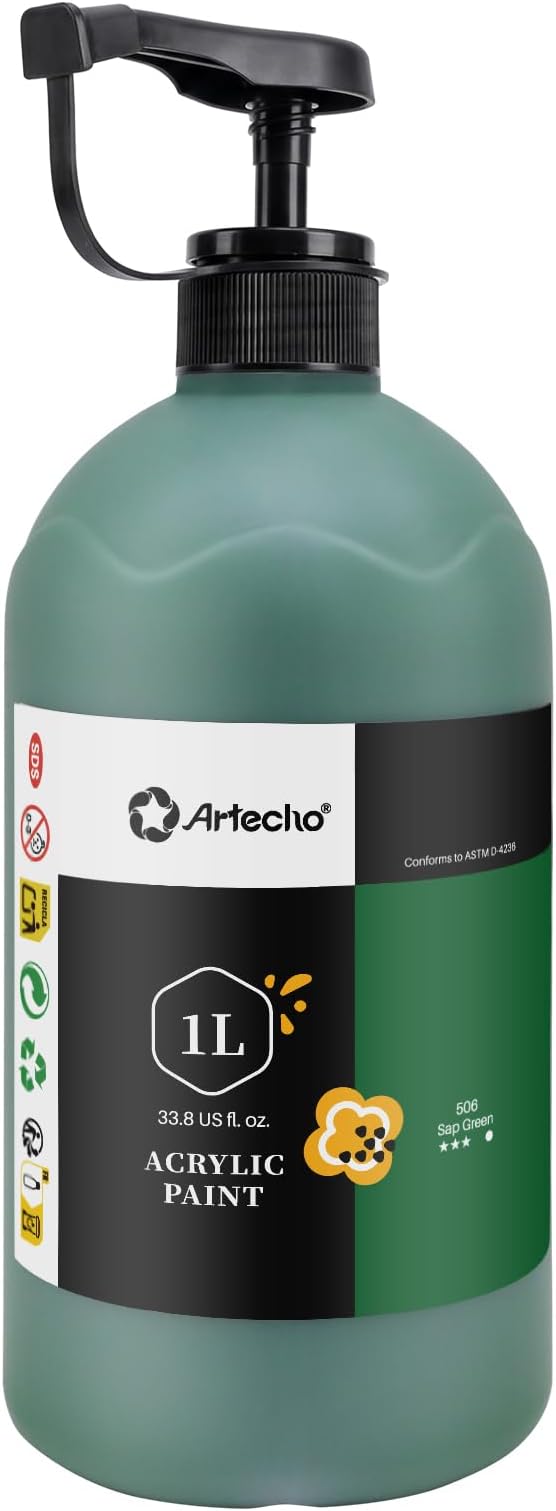 Artecho Sap Green Acrylic Paint 1000ml (33.8 fl oz) with Pump Dispenser – High Pigment for Exceptional Coverage, Large Bottle Craft Paint for Canvas, Wood, Rocks, Fabric, Ceramic – Non-Toxic
