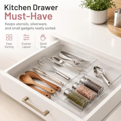 10 Pack Clear Drawer Organizer, 5 Sizes, Non-Slip Storage Trays