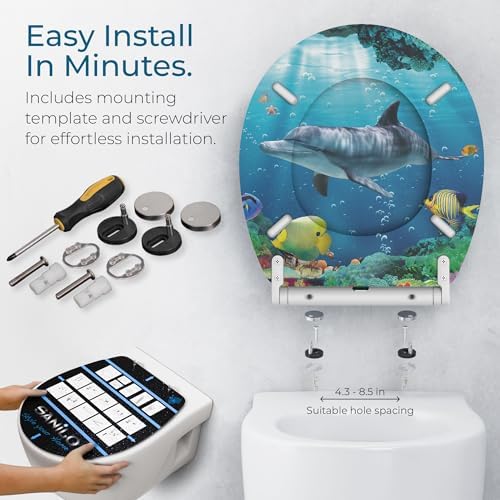 Sanilo Wooden Toilet Seat with Quick Release & Soft Close [ROUND] - Decorative & Slow Close Molded Wood Seat - With One Click for Easy Installation & Cleaning - With Adjustable Fit (Dolphin)
