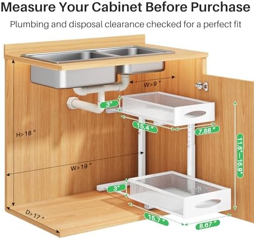 Under Sink Organizer, 2 Pack 2 Tier Pull out Cabinet Organizer Baskets with Mesh Sliding Drawers, Slide out Sink Storage Shelves for Kitchen, Bathroom, Pantry, Cabinet Organizers and Storage(White)