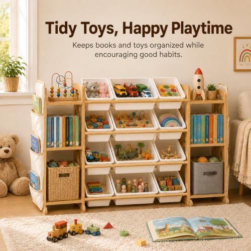 Toy Storage Organizer for Kids, 12 Bins, 2 Bookshelves & 2 Book Pockets