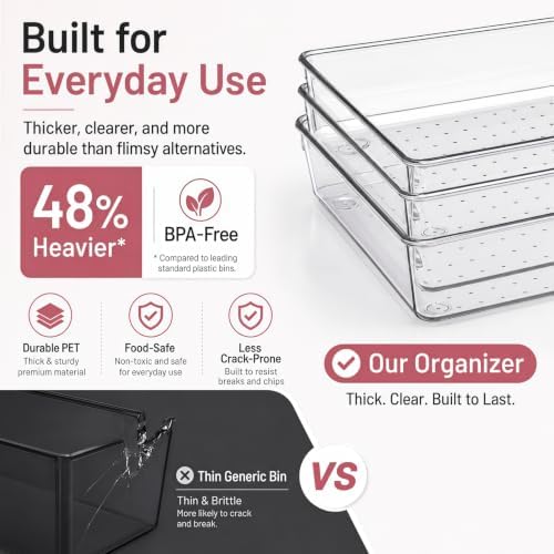 10 Pack Clear Drawer Organizer, 5 Sizes, Non-Slip Storage Trays