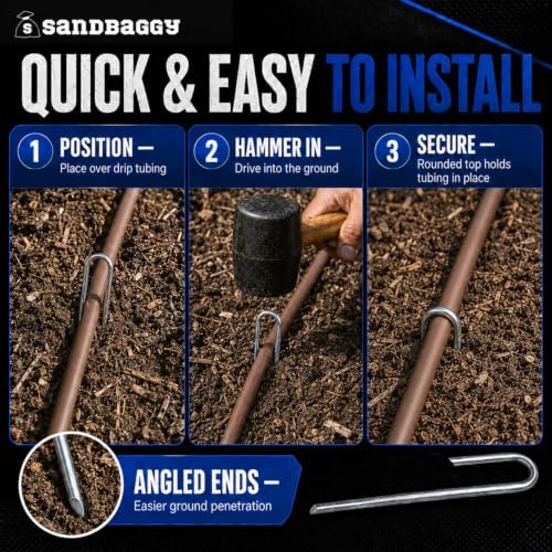 Sandbaggy 100-Pack DRIP TUBING Stakes Landscape Staples | 5 inch Length - 11 Gauge Heavy Duty | Drip Anchors | Landscape Pins | Garden Lawn Nails | Designed to Hold Drip Tubing Up to 1/2" Diameter
