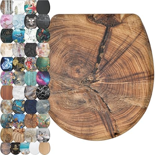 Sanilo Wooden Toilet Seat with Quick Release & Soft Close [ROUND] - Decorative & Slow Close Molded Wood Seat - With One Click for Easy Installation & Cleaning - With Adjustable Fit (Old Tree)