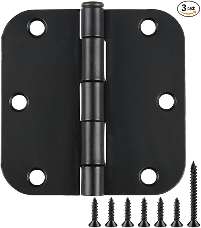 3 Pack Interior Matte Black Door Hinges Rounded 3.5 Inch x 3 1/2" Indoor Heavy Duty Metal Hardware Kits 3 ½" 5/8" Radius Office Flat Hinge for Bifold Doors Decorate Master Guest Bedroom Storage Room
