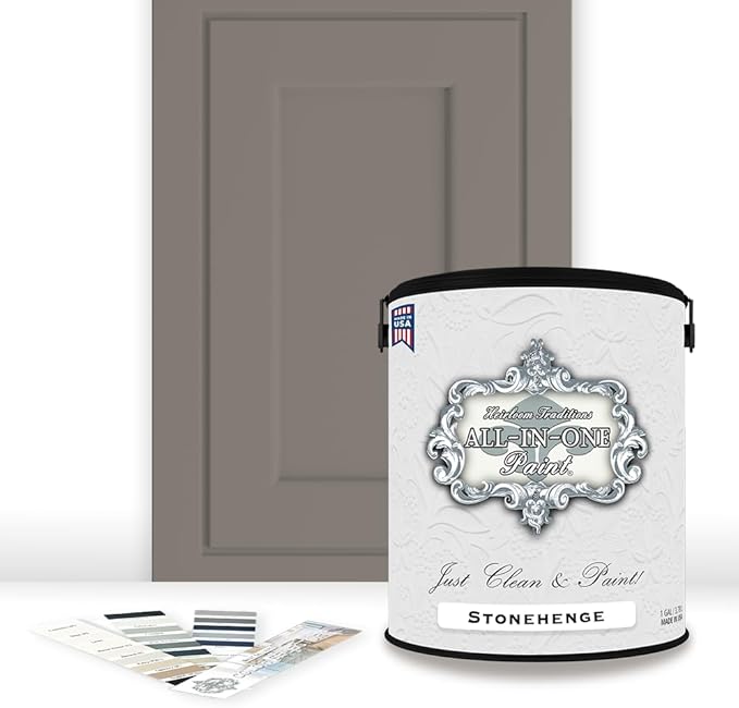 ALL-IN-ONE Paint by Heirloom Traditions, Stonehenge (Mid-tone Neutral Taupe), Gallon - Durable cabinet and furniture paint. Built in primer and top coat, no sanding needed. Includes our 30 featured