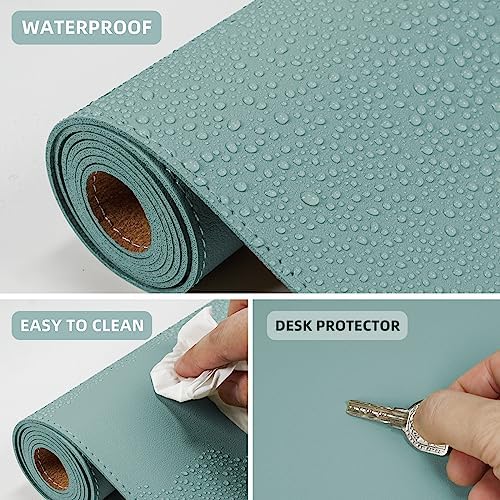 AFIING Leather Desk Pad Protector, 47" x 17" Large Desk Mat with Natural Cork & PU Leather, Mouse Pad, Non-Slip, Waterproof Desk Writing Pad for Office and Home (Light Blue)