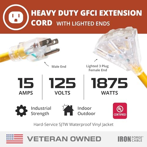 IRON FORGE CABLE 25 Foot Lighted Outdoor Extension Cord with 3 Electrical Power Outlets - 12/3 SJTW Heavy Duty Yellow Extension Cable with 3 Prong Grounded Plug for Safety, 15 AMP