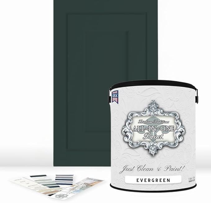 ALL-IN-ONE Paint by Heirloom Traditions, Evergreen (Deep Emerald Green), Gallon - Durable cabinet and furniture paint. Built in primer and top coat, no sanding needed. Includes our 30 featured color