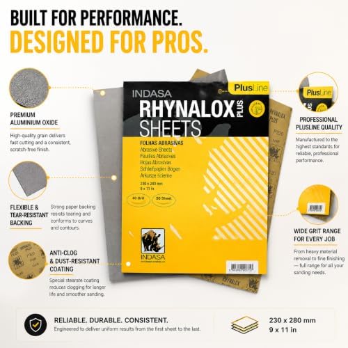 Indasa 50 PCS 9x11 Sandpaper - Dry Sanding Sheets, 40 Grit, Rhynalox Plusline Professional-Grade Abrasive for Wood, Metal, Automotive, and Paint Finishing - Durable, Clog-Resistant Sand Paper