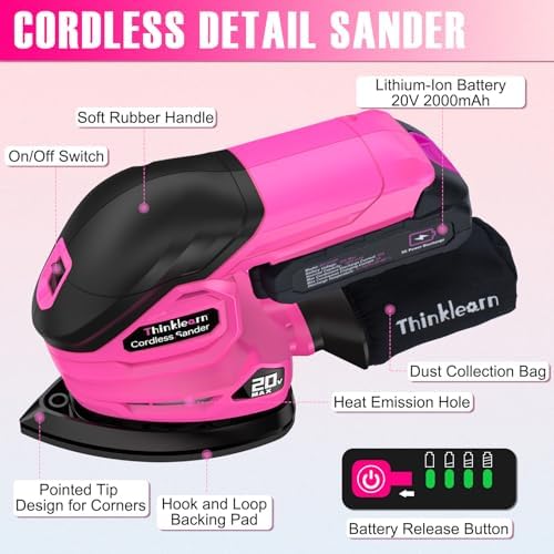 THINKLEARN 20V Cordless Detail Sander with 2Pcs Batteries and Charger