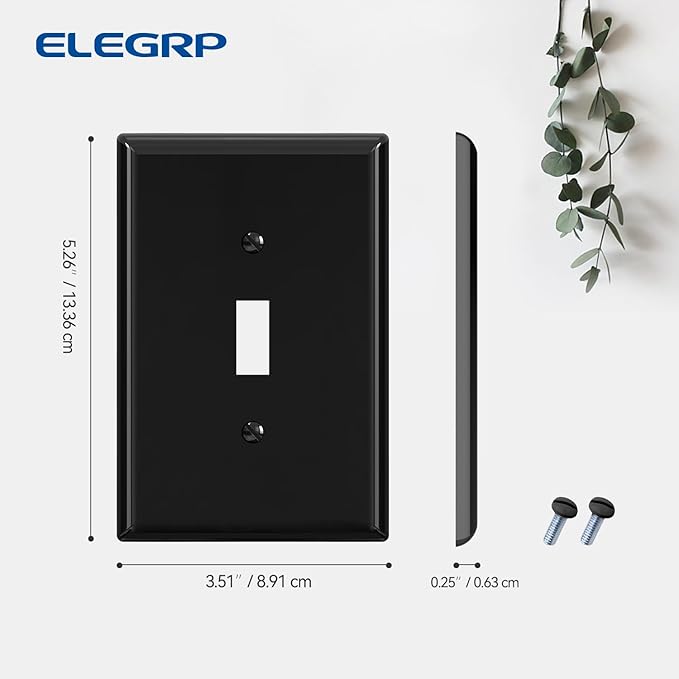 ELEGRP Large Size Toggle Switch Wall Plate, 1-Gang Light Switch Covers, Unbreakable Polycarbonate Replacement Faceplates Covers, UL Listed, Color-matched Screws Included (2 Pack, Glossy Black)