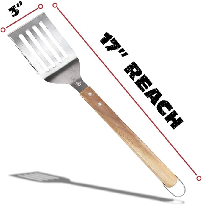 Pro BBQ Metal Spatula - 17" Barbecue Spatula Stainless Steel with Serrated Knife Edge - Acacia Wood Handle - Heavy Duty Built to Last
