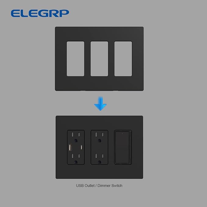 ELEGRP 3-Gang Screwless Decorative Wall Plates, Mid-Size Unbreakable Thermoplastic Faceplate Cover for Decorator Receptacle Outlet Switch, UL Listed (10 Pack, Matte Black)