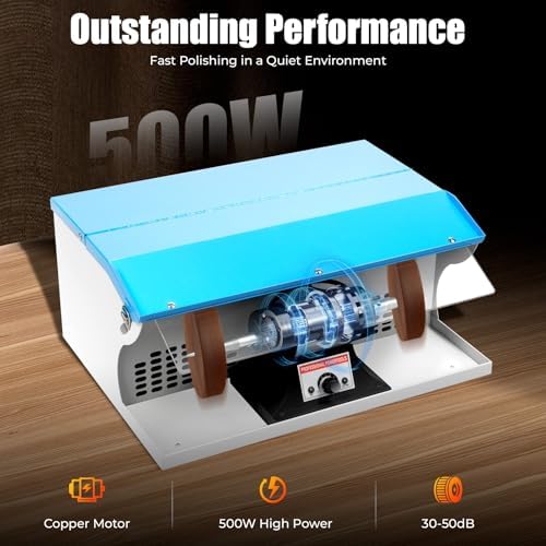 Jewelry Bench Polisher with Light, 500W 110V 1/2 HP Benchtop Polishing Buffing Machine Adjustable Variable Speed Polishing Buffing Machine Buffer Grinder Dust Collector for Polishing Aluminum Chrome