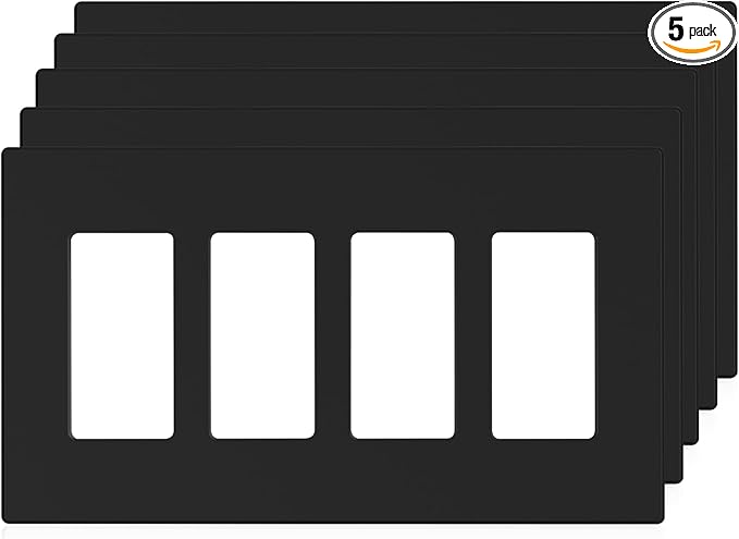ELEGRP 4-Gang Screwless Decorative Wall Plates, Mid-Size Unbreakable Thermoplastic Faceplate Cover for Decorator Receptacle Outlet Switch, UL Listed (5 Pack, Matte Black)