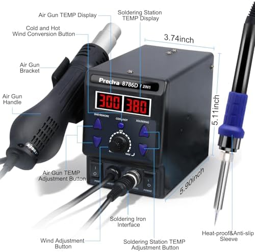 Preciva 8786D 2-IN-1 Hot Air Soldering Iron Station Kit with °F /°C, Cool/Hot Air Conversion,Soldering Station with Dual LED Display, 5 Tips & 4 Nozzles for Electronics Repair,Desoldering