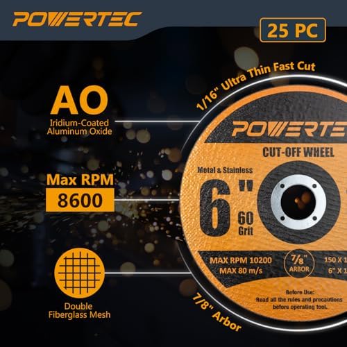 POWERTEC Cut Off Wheels 50 Pack, 6" Aluminum Oxide 60 Grit (14021-P2)
