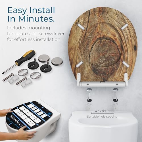 Sanilo Wooden Toilet Seat with Quick Release & Soft Close [ROUND] - Decorative & Slow Close Molded Wood Seat - With One Click for Easy Installation & Cleaning - With Adjustable Fit (Rustic)