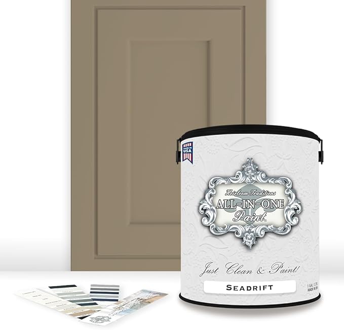 ALL-IN-ONE Paint by Heirloom Traditions, Seadrift (Warm Earthy Tan), Gallon - Durable cabinet and furniture paint. Built in primer and top coat, no sanding needed. Includes our 30 featured color card.