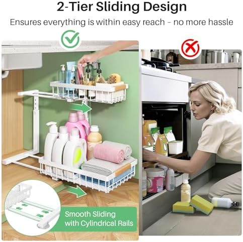 Kitstorack Under Sink Organizer, 2 Tier Under the Sink Storage, Slide out Pull out Cabinet Organizer Shelf, Metal Sliding Drawer for Kitchen Bathroom Pantry Closet Organization Rack, White, 1 Pack