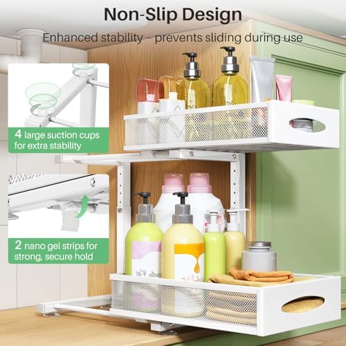 Under Sink Organizer, 2 Pack 2 Tier Pull out Cabinet Organizer Baskets with Mesh Sliding Drawers, Slide out Sink Storage Shelves for Kitchen, Bathroom, Pantry, Cabinet Organizers and Storage(White)