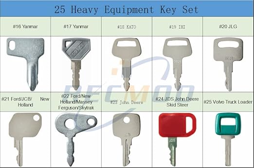 25 Heavy Equipment Construction Ignition Key Set Fit for Caterpillar Case JJD Komatsu Kubota Yanmar Daewoo Hyster Takeuchi Ford New Holland and More