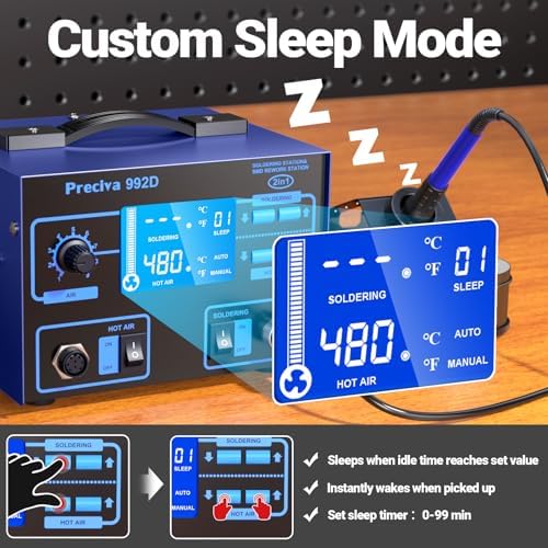 Preciva 992D 2-in-1 Soldering & Hot Air Rework Station with LCD Display – PID Temperature Control, Auto/Manual Hot Air Mode, Sleep Function for Iron, SMD Rework, Electronics Repair (750W)