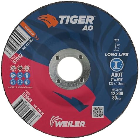 Weiler 57043 5 Inch Cutting Wheel, Tiger AO Steel/Metal Long Life Performance Cutting, .045" A60T Type 27 7/8" Arbor, Pack of 25