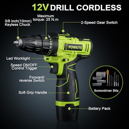 12V Cordless Drill Tool Set, 25+1 Torque Setting, Green Tool Kit for Home