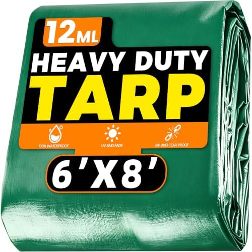 6x8 FT Polyethylene Tarp, 12 Mil Waterproof with Rust-Proof Grommets