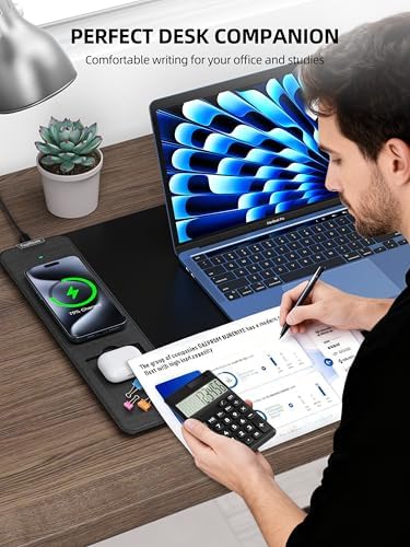 Mouse Pad with 15W Wireless Charging, Removable 8-Digit Solar Calculator