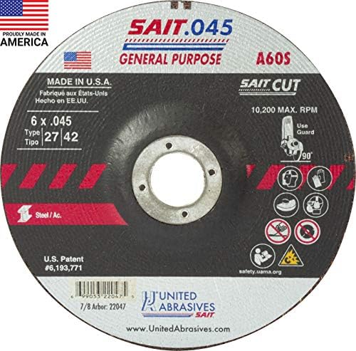 United Abrasives-SAIT 22047 A60S General Purpose Cut-Off Wheel (Type 27/Type 42 Depressed Center) 6" x .045" x 7/8", 50-Pack