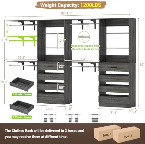Aheaplus Closet System, Wood Closet Organizer System with 8 Drawers &4 Rods