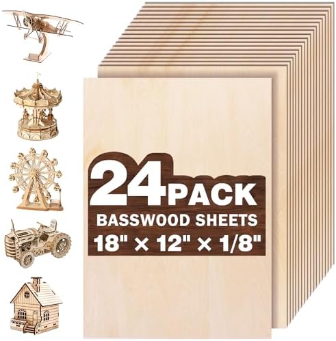 24 Pack Basswood Sheets for Crafts,18"x12"x1/8" 3mm Thick Plywood Sheets with Smooth Surfaces-Unfinished Squares Wood Boards for Laser Cutting, Wood Burning, Architectural Models, Staining