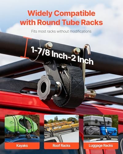 VEVOR Ladder Rack Ratchet Straps, 2'' Black Round Tube Mount, 1.5'' Wide x 7.5' Long Black Ladder Rack Straps with Double J-Hooks, 500 lbs Load Heavy Duty, Cargo Buckle Lock Strap (4 Pack)