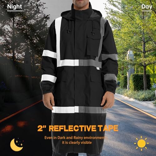 Hi Vis Rain Jacket with 3M Reflective Stripe,High Visibility Class 3 Rain coats,Safety Waterproof Rain Suits for Men with Hood and 2 Large Pockets construction work rain gear(Black S)