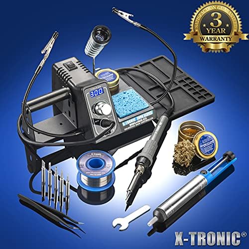 The Original X-Tronic 3020-XTS • 75W Soldering Iron Station Kit • 2 Helping Hands • 5 Extra Tips • Roll of Solder • Brass Sponge & Flux • Tweezers • Solder Sucker • °C/°F Toggle & Sleep Features!