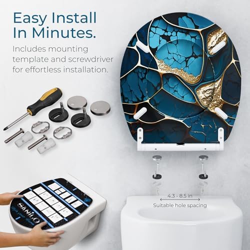 Sanilo Wooden Toilet Seat with Quick Release & Soft Close [ROUND] - Decorative & Slow Close Molded Wood Seat - With One Click for Easy Installation & Cleaning - With Adjustable Fit (Marble Cobalt)