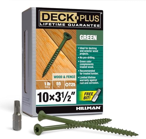 Deck Plus 3-1/2 Inch Epoxy Coated Exterior Wood and Fence Screws #10 x 3-1/2" Torx/Star Drive Included Coarse Thread, Outdoor Rust Resistant Decking Screw, Green, 1lb Box, 55 Pieces | 48407