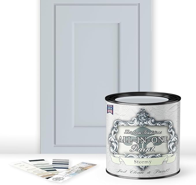 ALL-IN-ONE Paint by Heirloom Traditions, Stormy (Pastel Blue), Quart - Durable cabinet and furniture paint. Built in primer and top coat, no sanding needed. Includes our 30 featured color card.