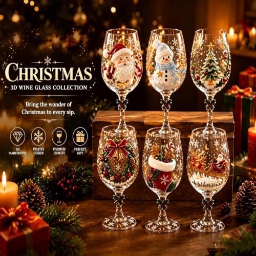 Christmas 3D Wine Glass Collection Gift Box Set, 3D Christmas Wine Glasses,Raised Holiday Goblet with Snowflake Decor,Festive Glassware,Holiday Party Decor,Wines & Cocktails,Table Decor (1pcs E)
