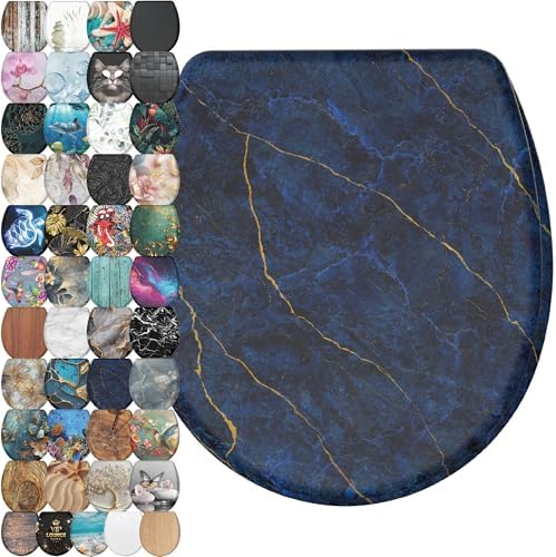 Sanilo Wooden Toilet Seat with Quick Release & Soft Close [ROUND] - Decorative & Slow Close Molded Wood Seat - With One Click for Easy Installation & Cleaning - With Adjustable Fit (Marble Darkblue)