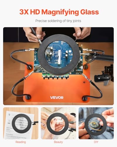 VEVOR Magnetic Helping Hands Soldering Station, 4 Flexible Arms Third Hand Tool with 3X LED Magnifying Lamp & Non-Slip Heavy-Duty Base, Soldering Helping Hands for Electronic Repair Craft Hobby DIY