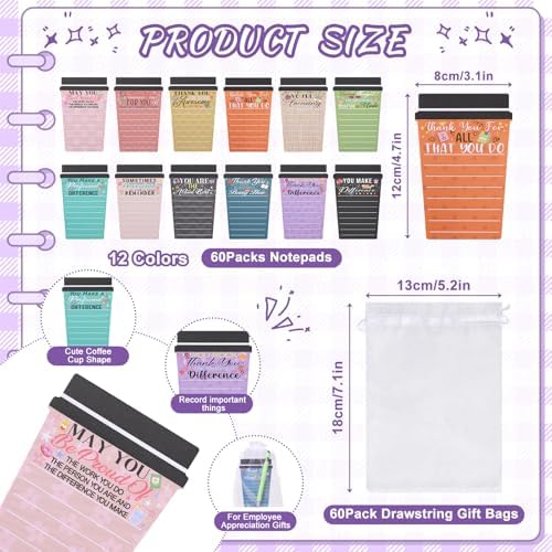 60 Set Employee Appreciation Gifts Bulk Team - 60Pack Coffee Cup Notepad+60 Ballpoint Pens+ 60 Drawstring Gift Bags, Bulk Gifts for Coworkers/Staffs/Teachers/Christmas