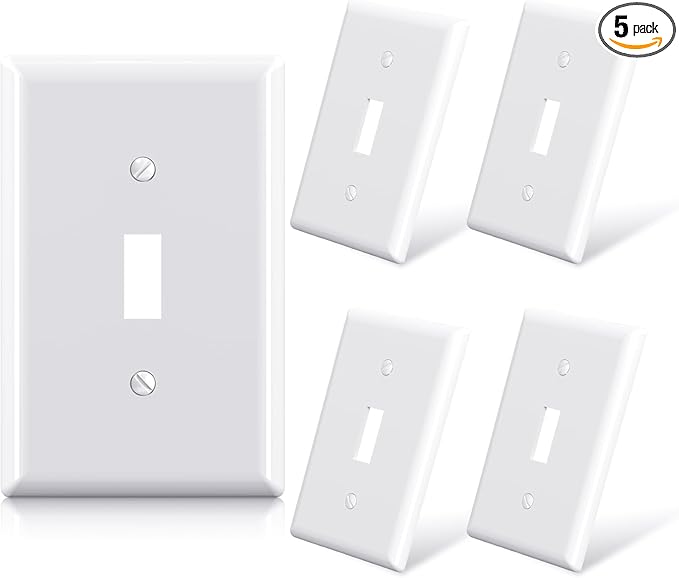 ELEGRP 1-Gang Mid Size Toggle Switch Covers, Light Switch Wall Plate, Unbreakable Polycarbonate Replacement Faceplates Covers, UL Listed, Color-matched Screws Included (5 Pack, Glossy White)