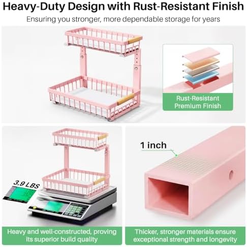Kitstorack Under Sink Organizer, 2 Tier Under the Sink Storage, Slide out Pull out Cabinet Organizer Shelf, Metal Sliding Drawer for Kitchen Bathroom Pantry Closet Organization Rack, Pink, 2 Pack