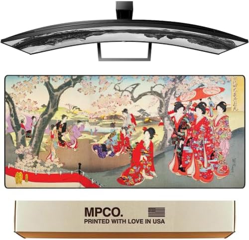 MPCO. Geisha with Cherry Blossoms Gaming Desk Pad, 36" x 17" Desk Mat